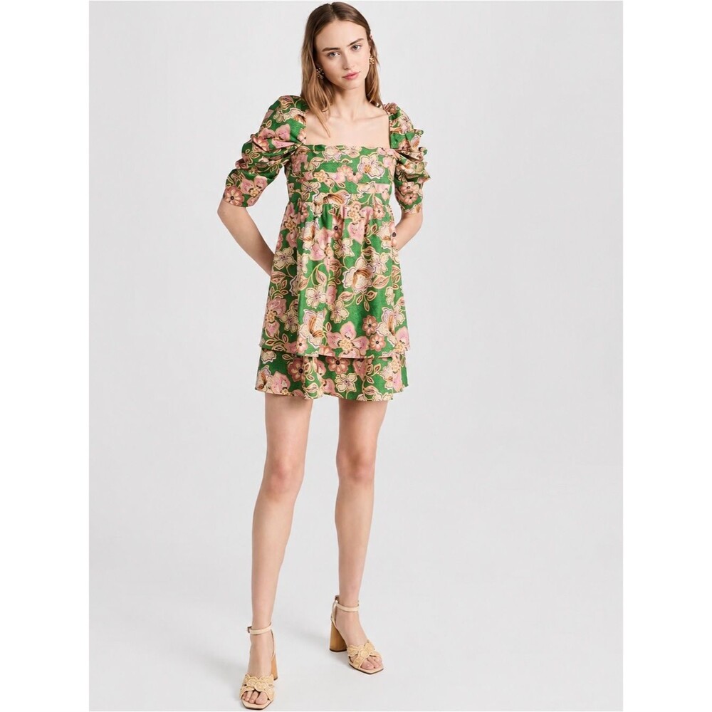 MISA Los Angeles Floral Puff Sleeve Open Back Bow Mini Dress Green Pink Size L - Picture 2 of 12
